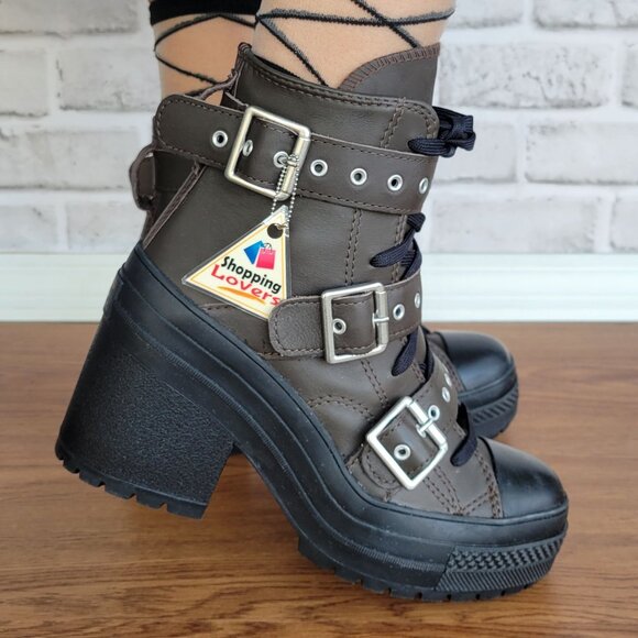 ❤️Converse Chuck 70 De Luxe Heel Leather Buckles Womens Boots Sz 7 Brown A12209C - Picture 1 of 12